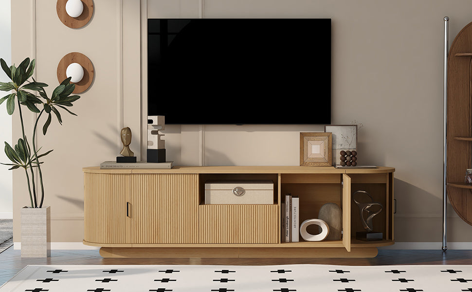 U-Can TV Stand with Open Shelf, Drawer, Cabinets, Hidden Sliding Storage, Rounded Corners, 70.86" W