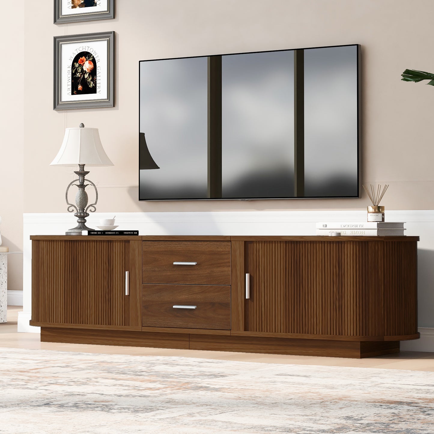 Antique Brown TV Stand with Drawers & Hidden Storage