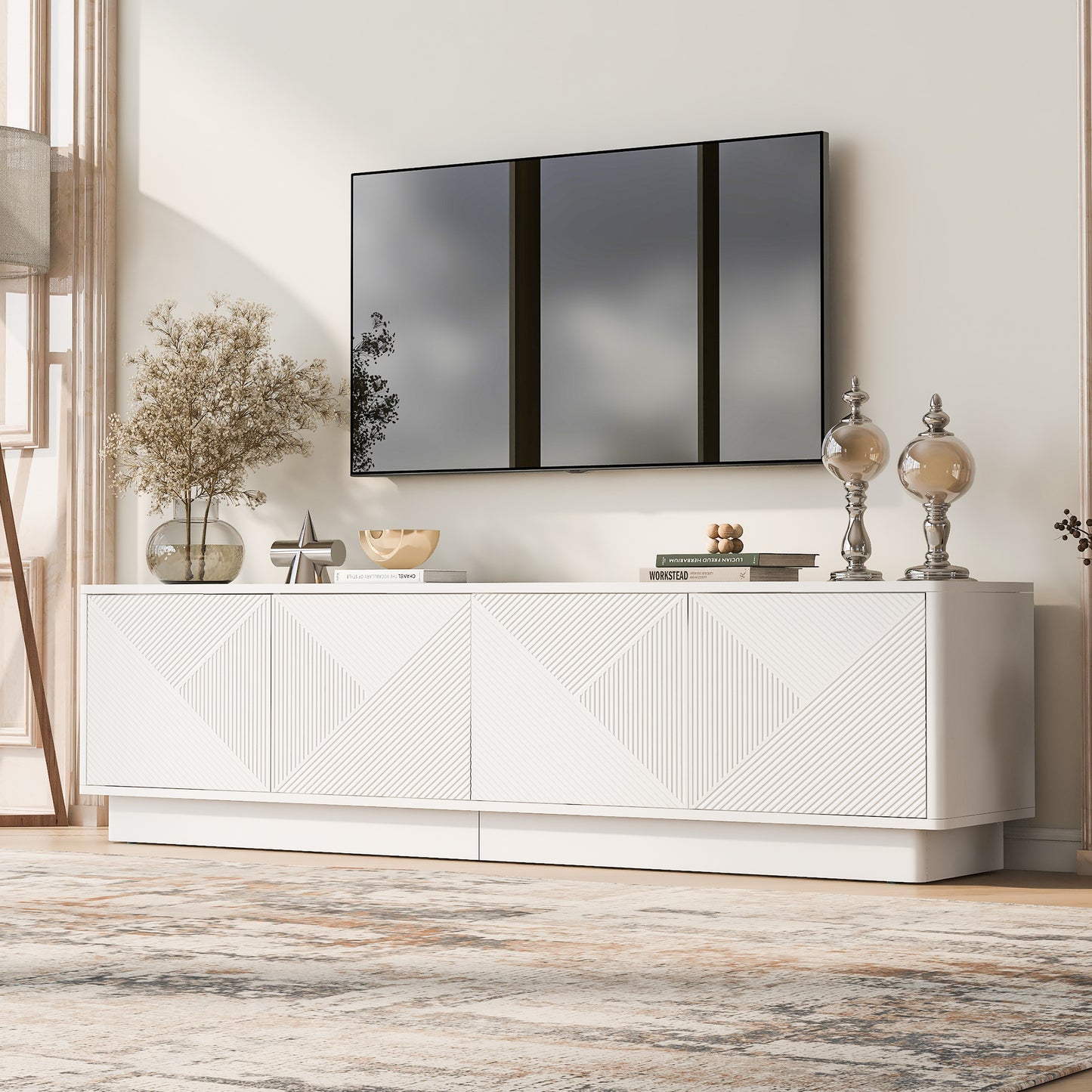 U-Can Wave Design Cabinet - White, 4 Doors, Adjustable Shelves for Living Room
