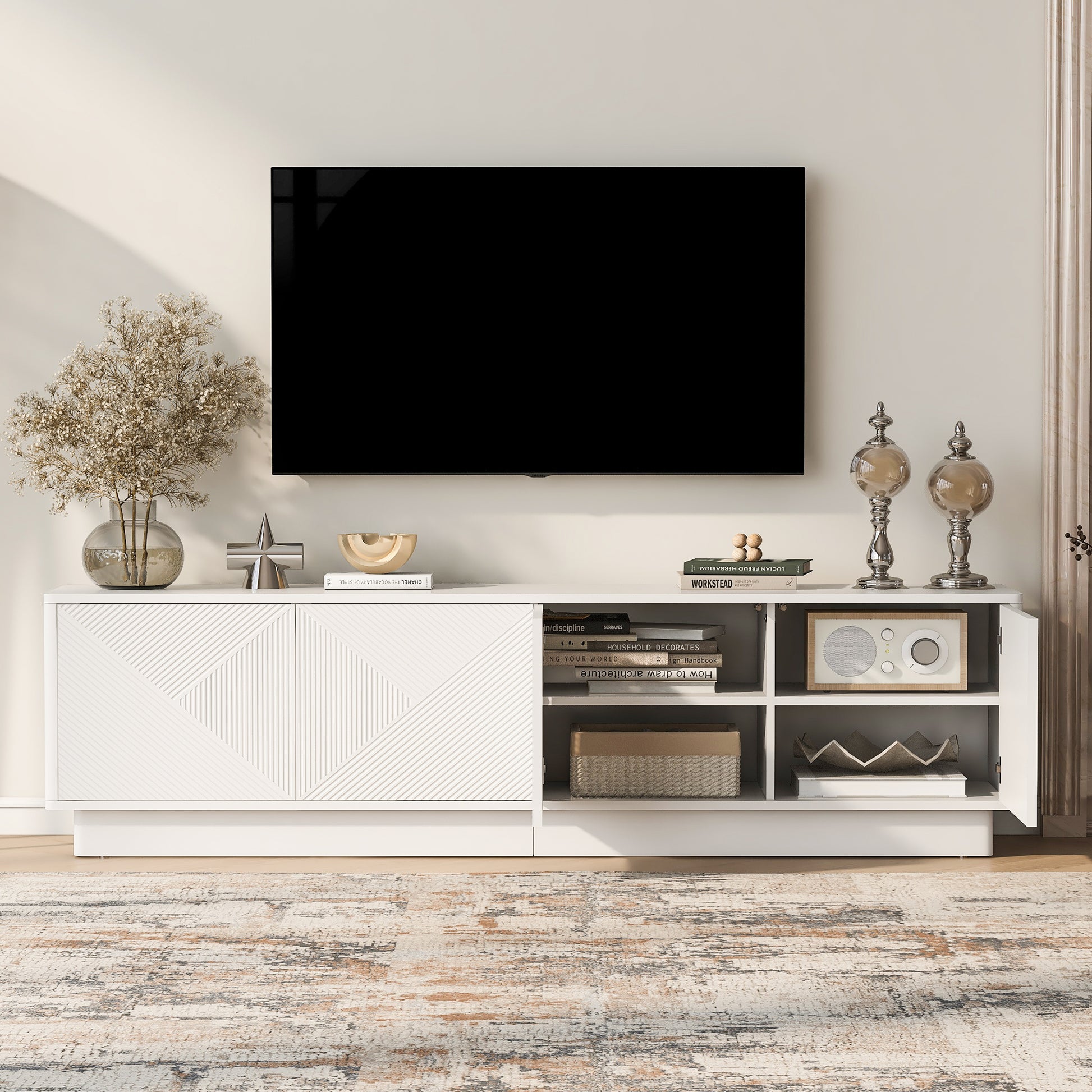 U-Can Stylish 4-Door Wave Design Cabinet with Adjustable Shelves & LED Accent