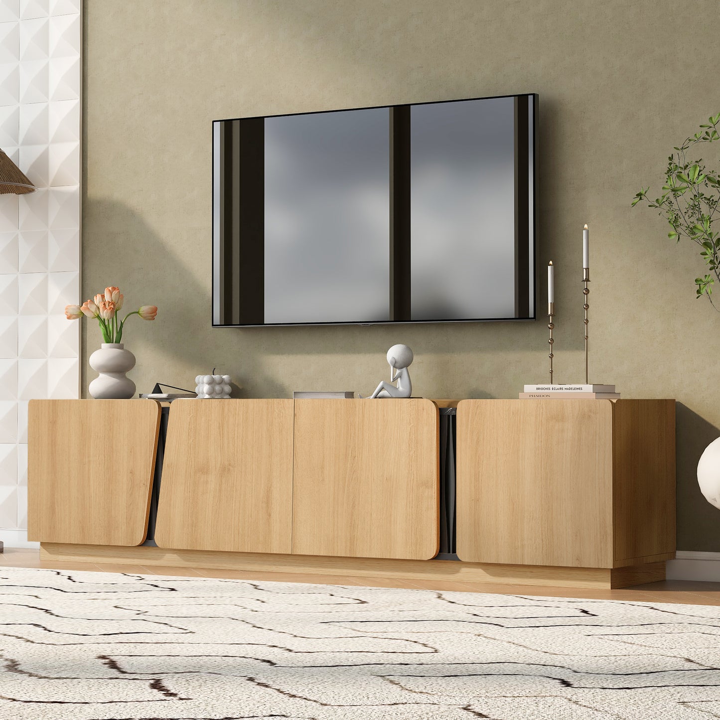 Oak Storage Cabinet with Marble Top - 74.8" TV Stand for Living Room
