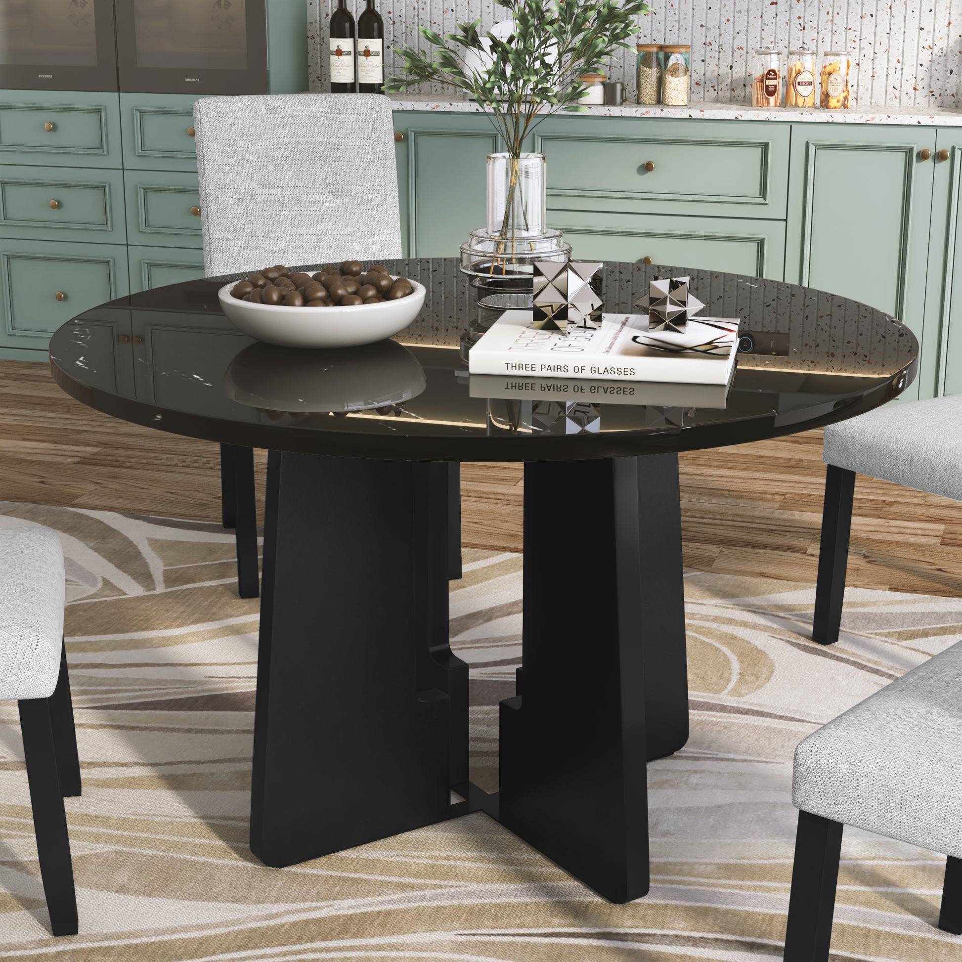 Round Dining Table for 4, 43-Inch Faux Marble Top, Mid-Century Modern Round Dining Table for Cafes, Restaurants, Bars, Home Offices and Conference Rooms (Black)