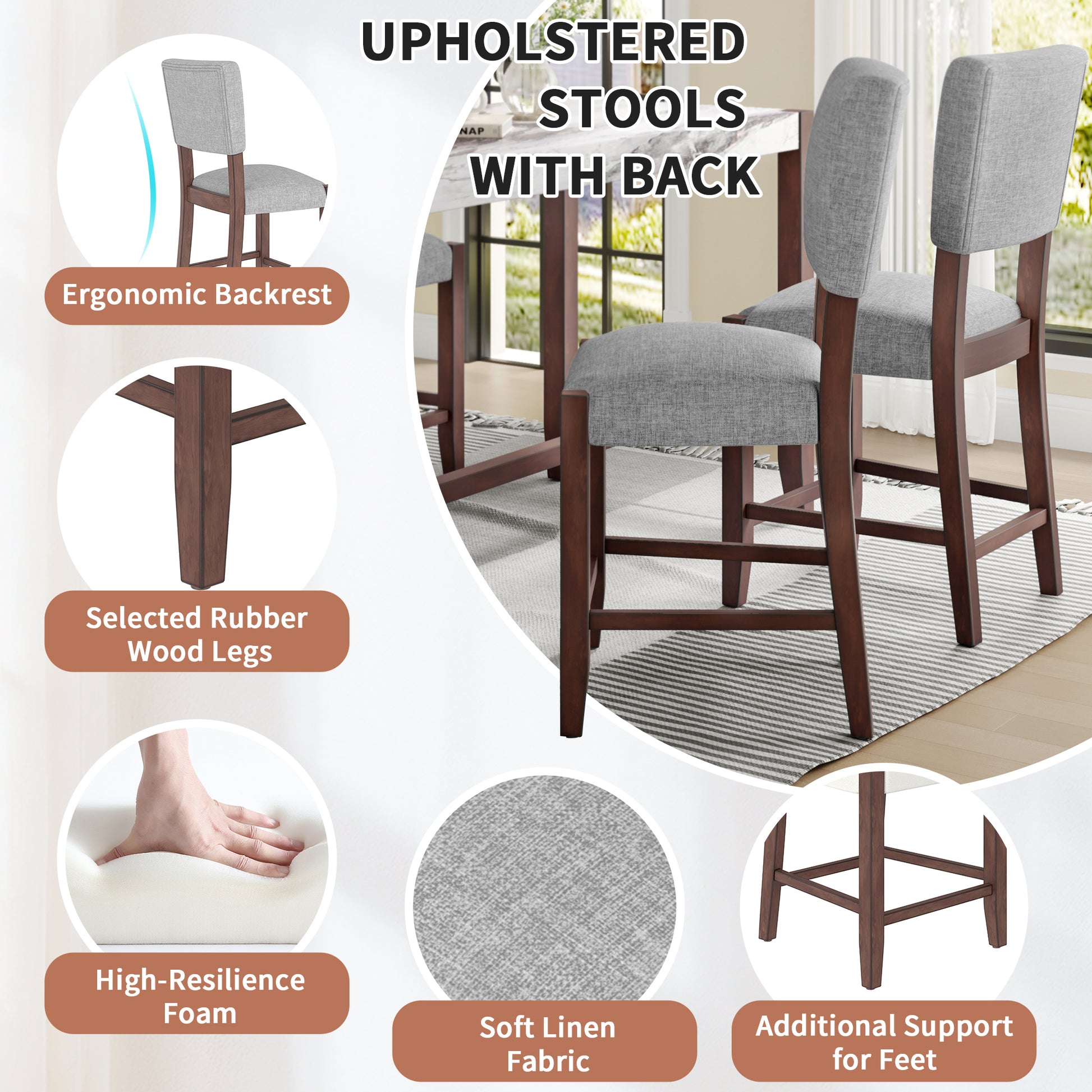 Mid-Century Modern Grey Rubberwood Bar Stools for Kitchen and Dining Rooms