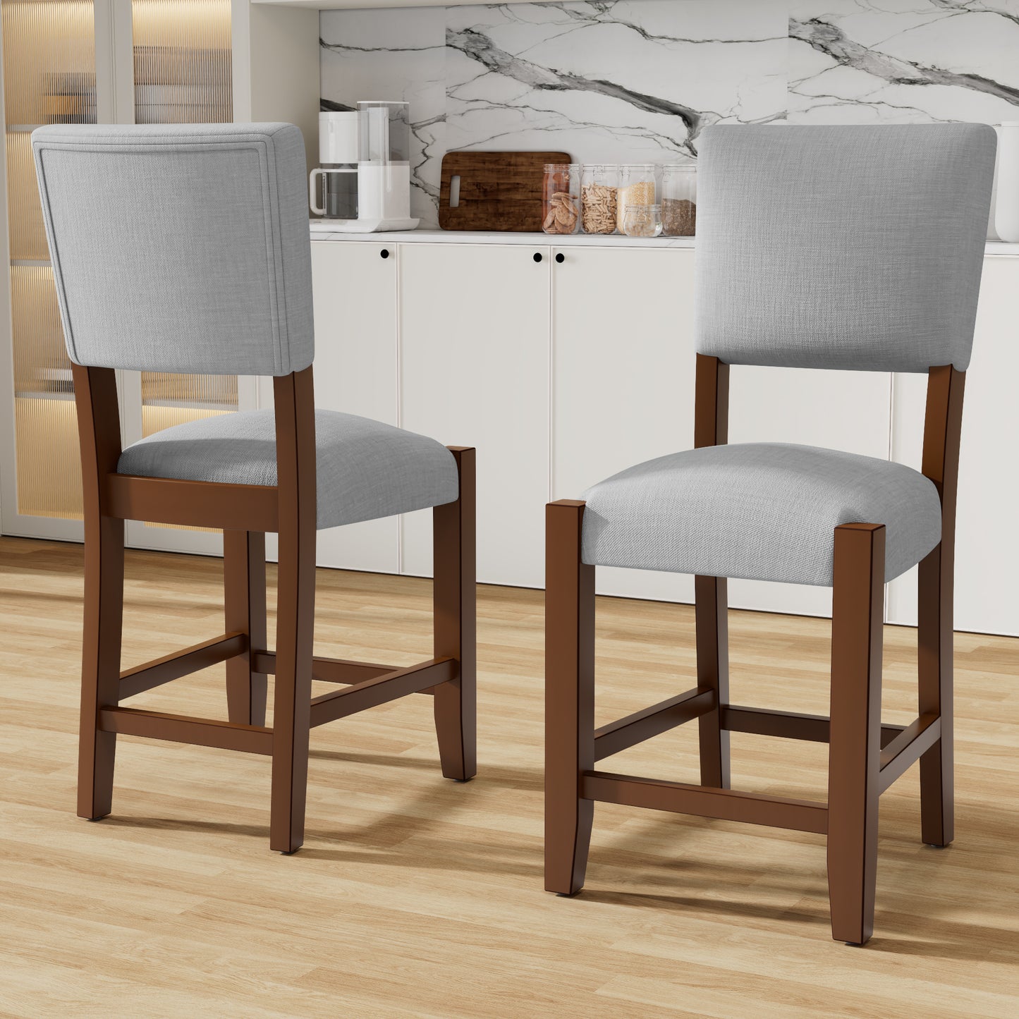 Mid Century Modern Bar Stools Set of 4, 40.4" Counter Stools with Back, Linen Upholstered Barstools with Solid Wood Legs Bar Chairs for Kitchen Island Dining Room, Grey (4-Piece Chairs)