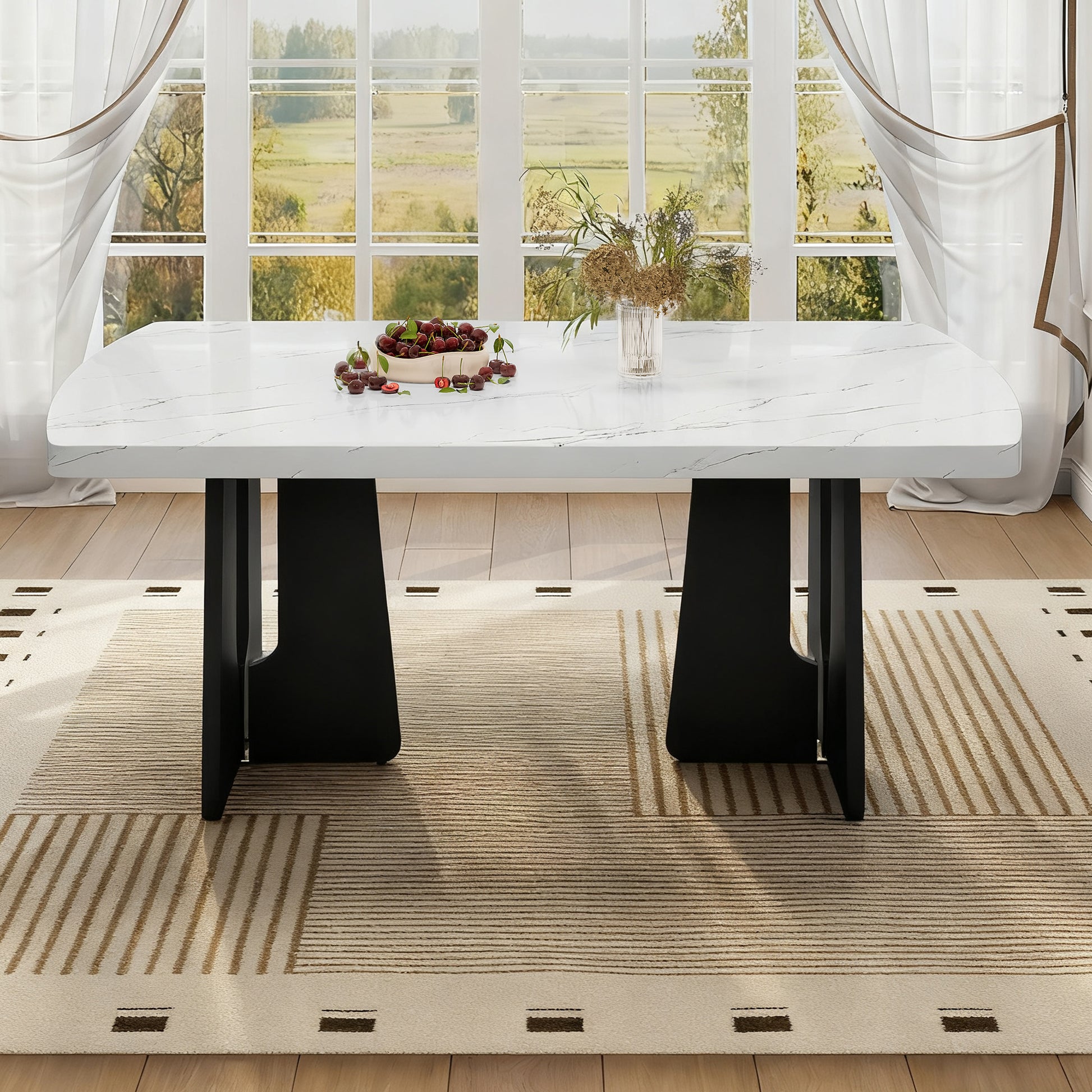 63" Modern Faux Marble Dining Table - White+Black Tabletop