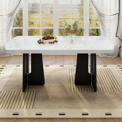63" Modern Faux Marble Dining Table - White+Black Tabletop