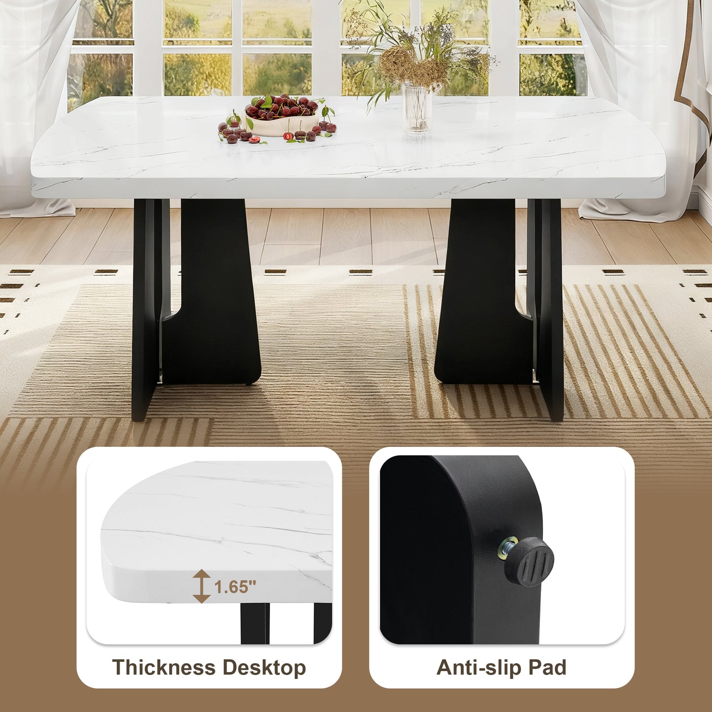 63" Modern Faux Marble Dining Table - White+Black Tabletop
