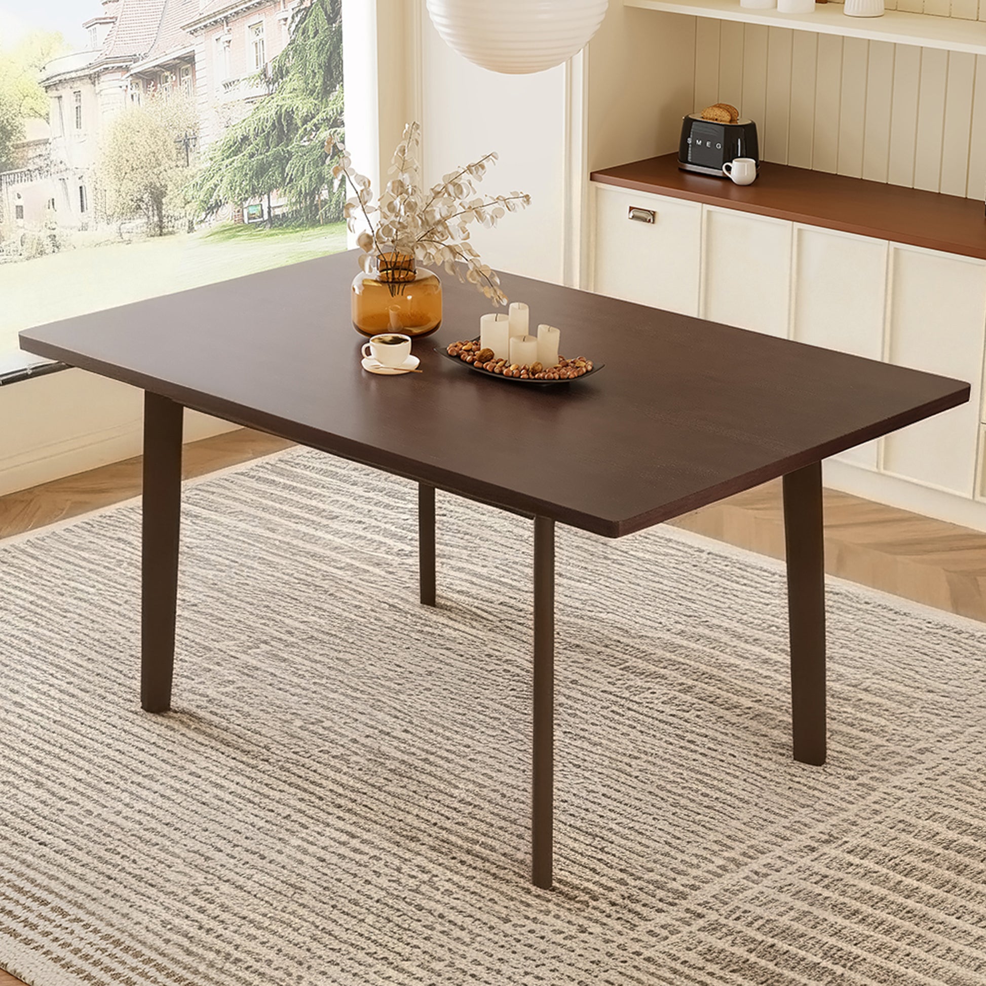 60" Rustic Farmhouse Dining Table - Solid Wood Frame, Minimalist Modern Dining Table for Kitchen, Dining Room, Living Room, Walnut