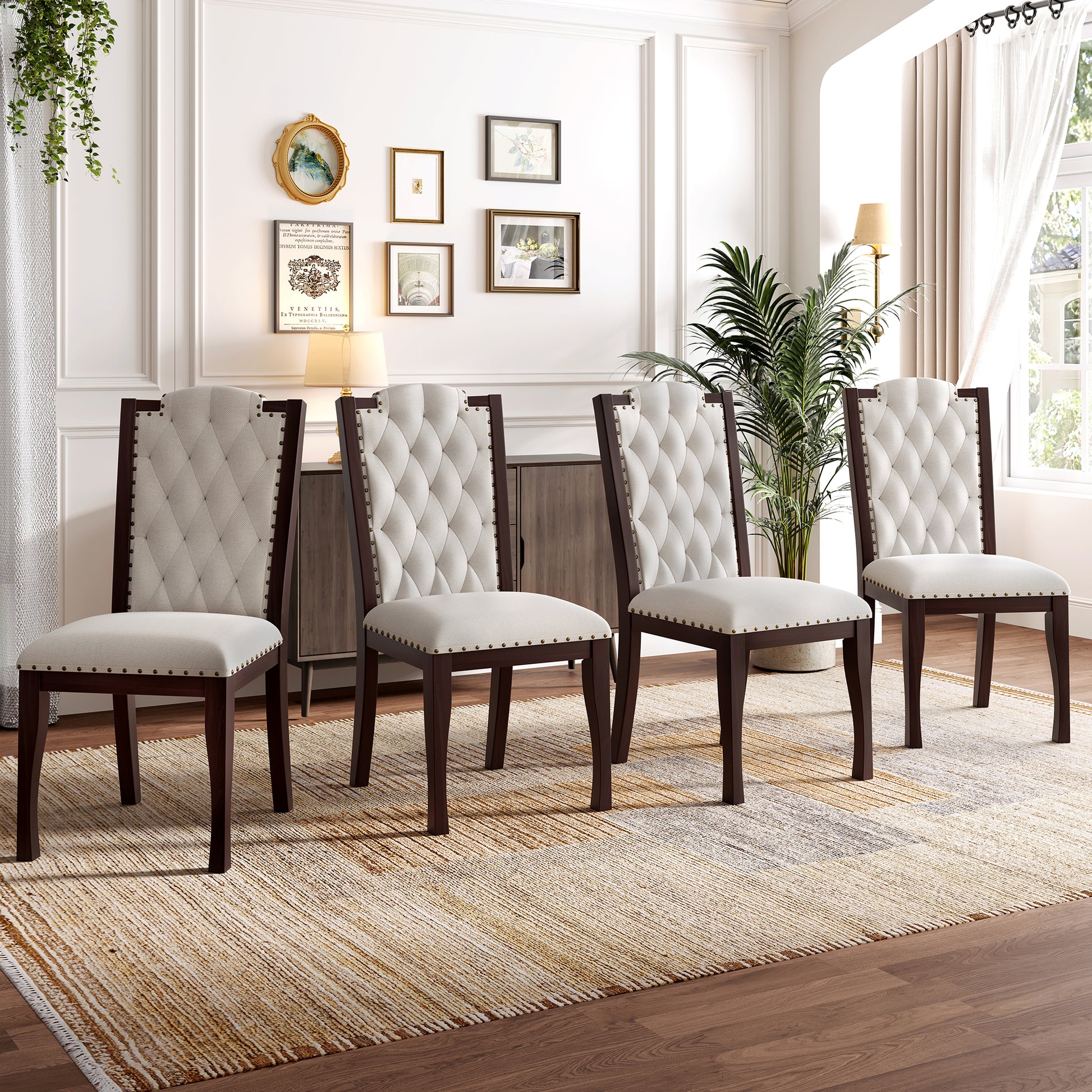 Upholstered Dining Chairs Set of 4 - Beige & Espresso