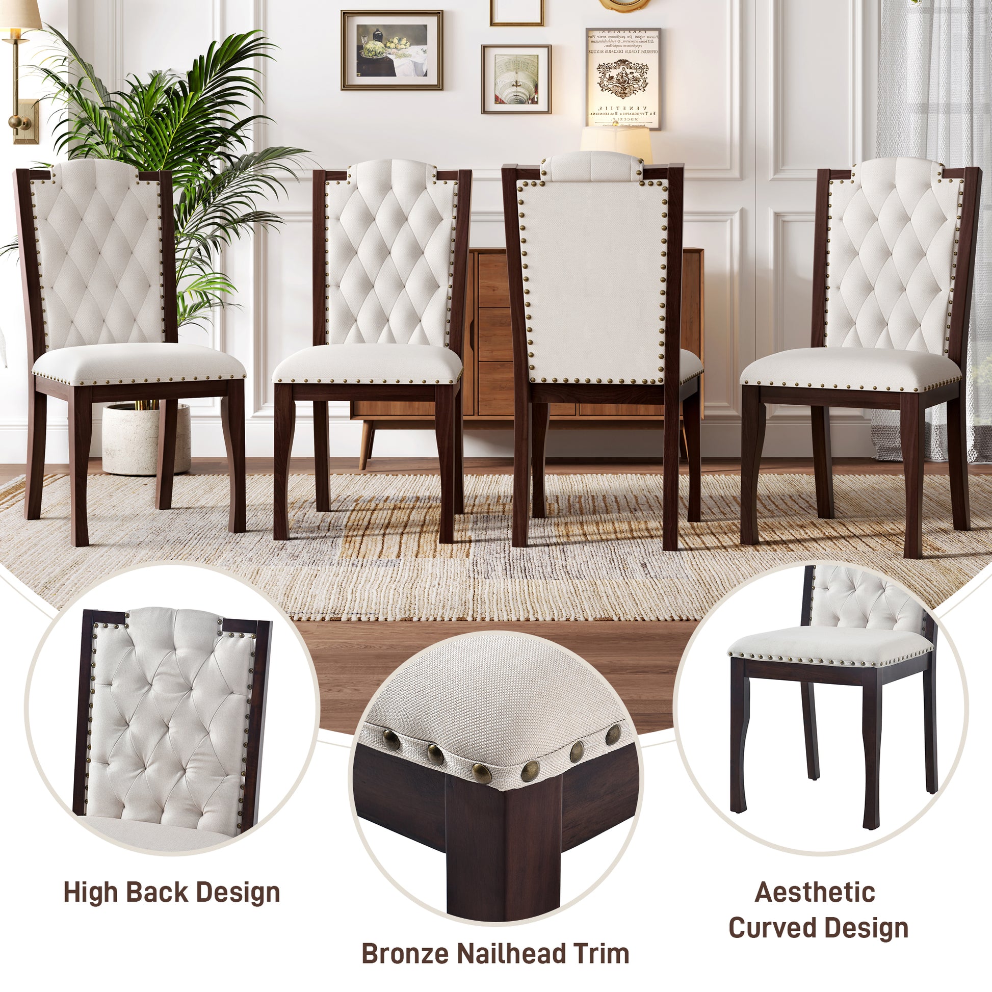 Upholstered Dining Chairs Set of 4 - Beige & Espresso