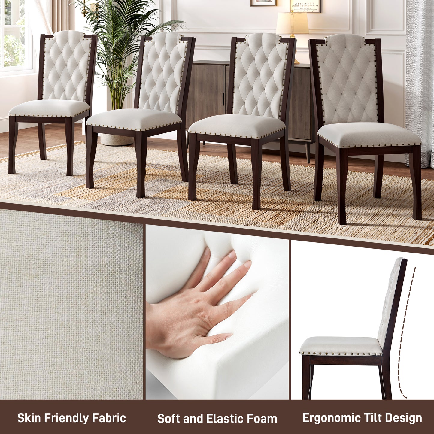 Upholstered Dining Chairs Set of 4 - Beige & Espresso