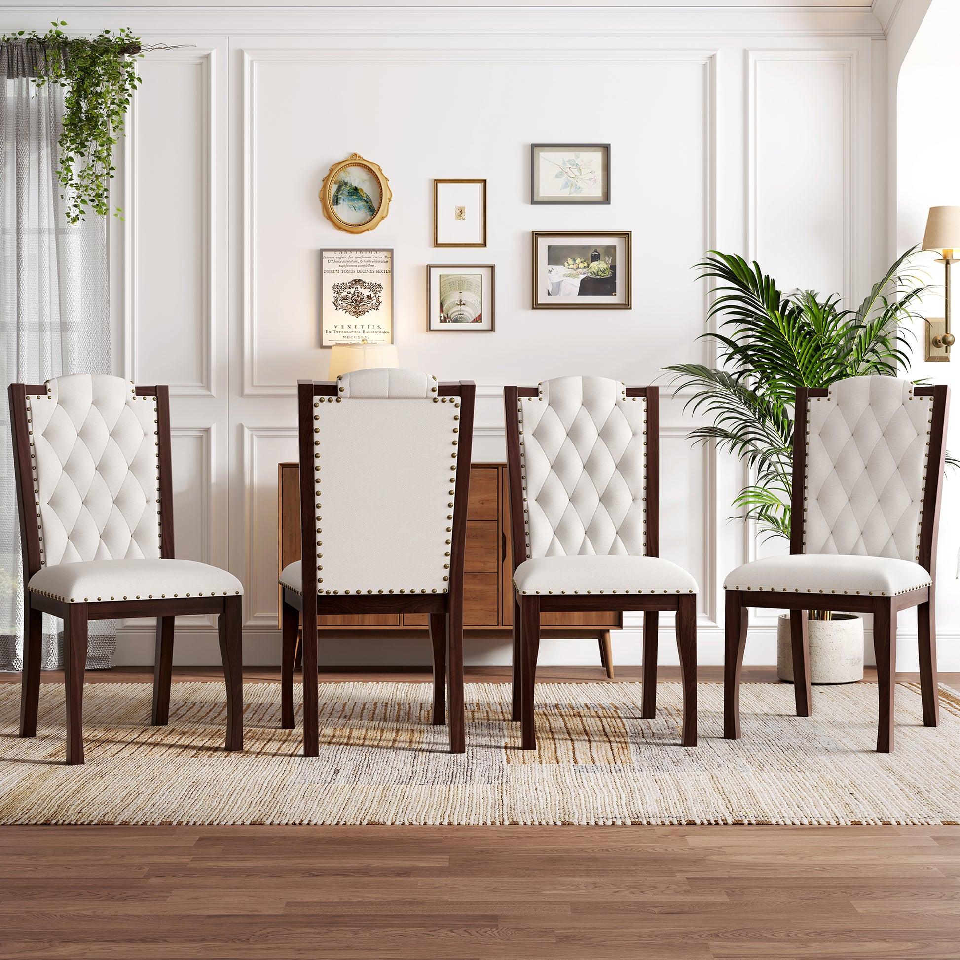 Upholstered Dining Chairs Set of 4, High Back Diamond Button Tufted Kitchen Chairs with Solid Wood Legs and Nailhead Trims for Dining Room, Living Room, Restaurant, Biege & Espresso