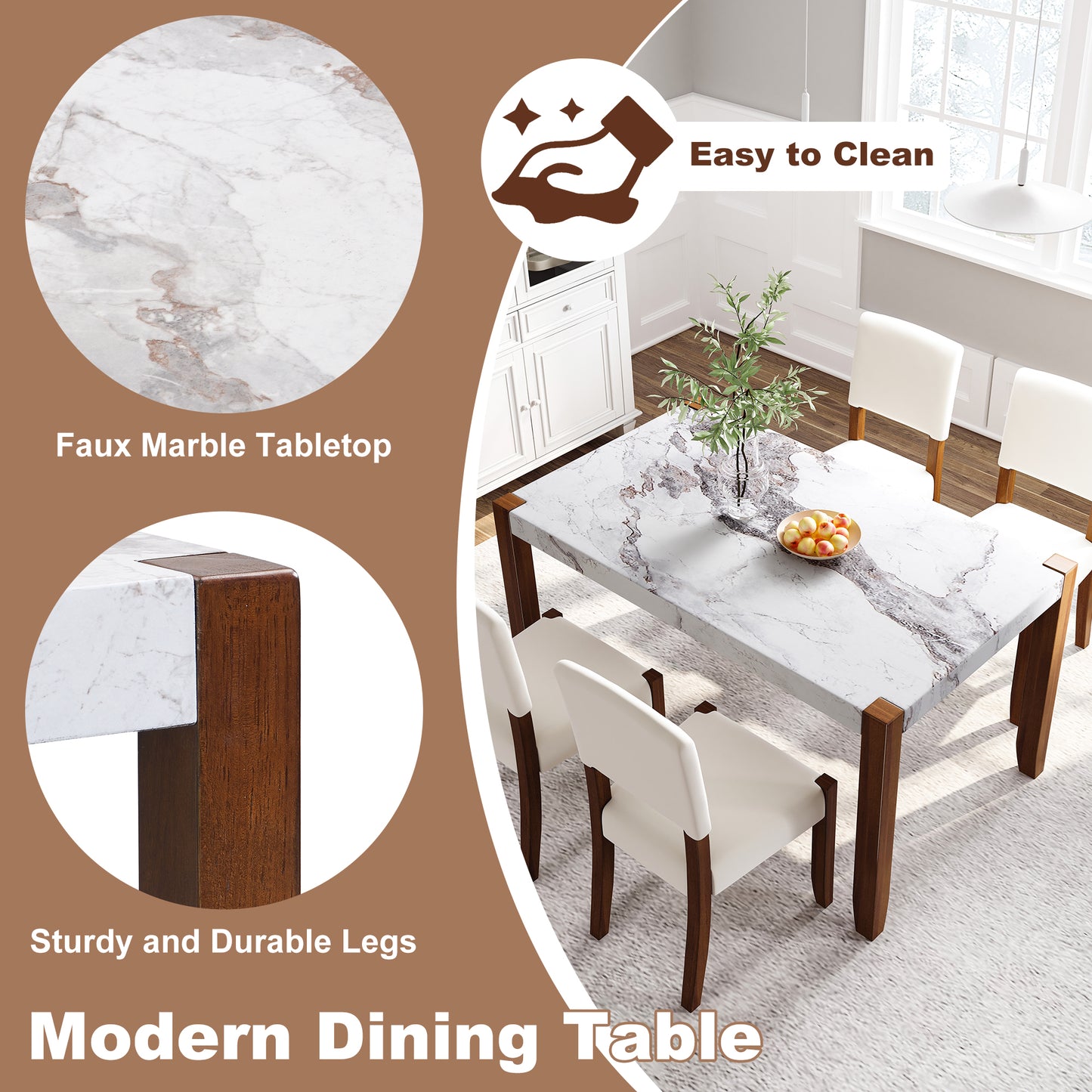 Modern White Dining Table - Seats 4, Rubber Wood for Dining Room