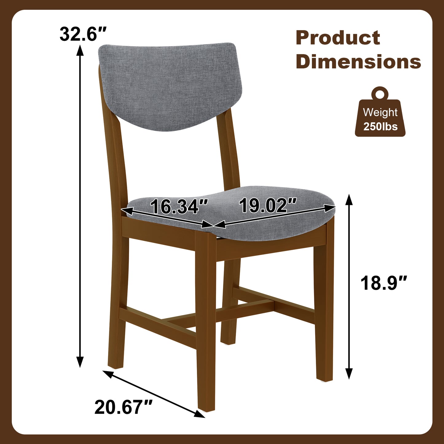 Walnut Rubber Wood Dining Chair Set with Gray Fabric Seat for Kitchen for Dining Room