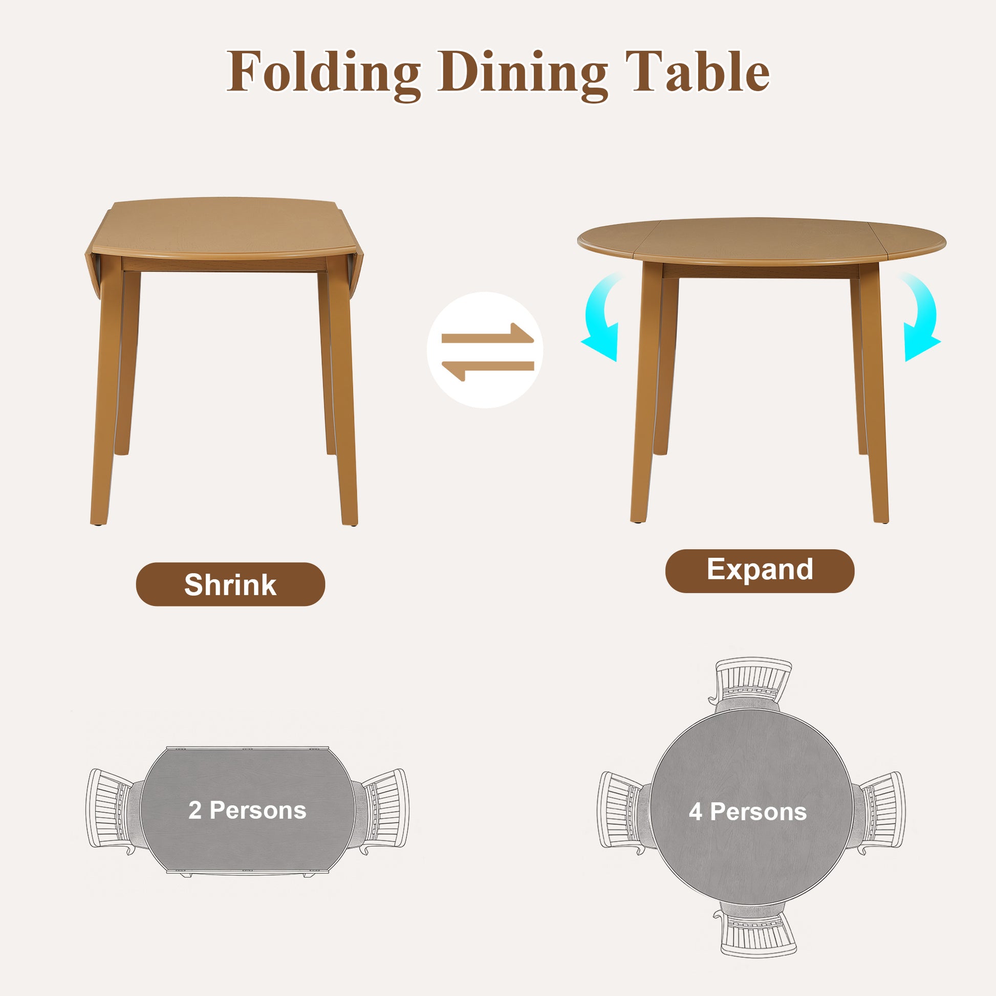 Light Brown Folding Dining Table - Seats 2 for Dining Room