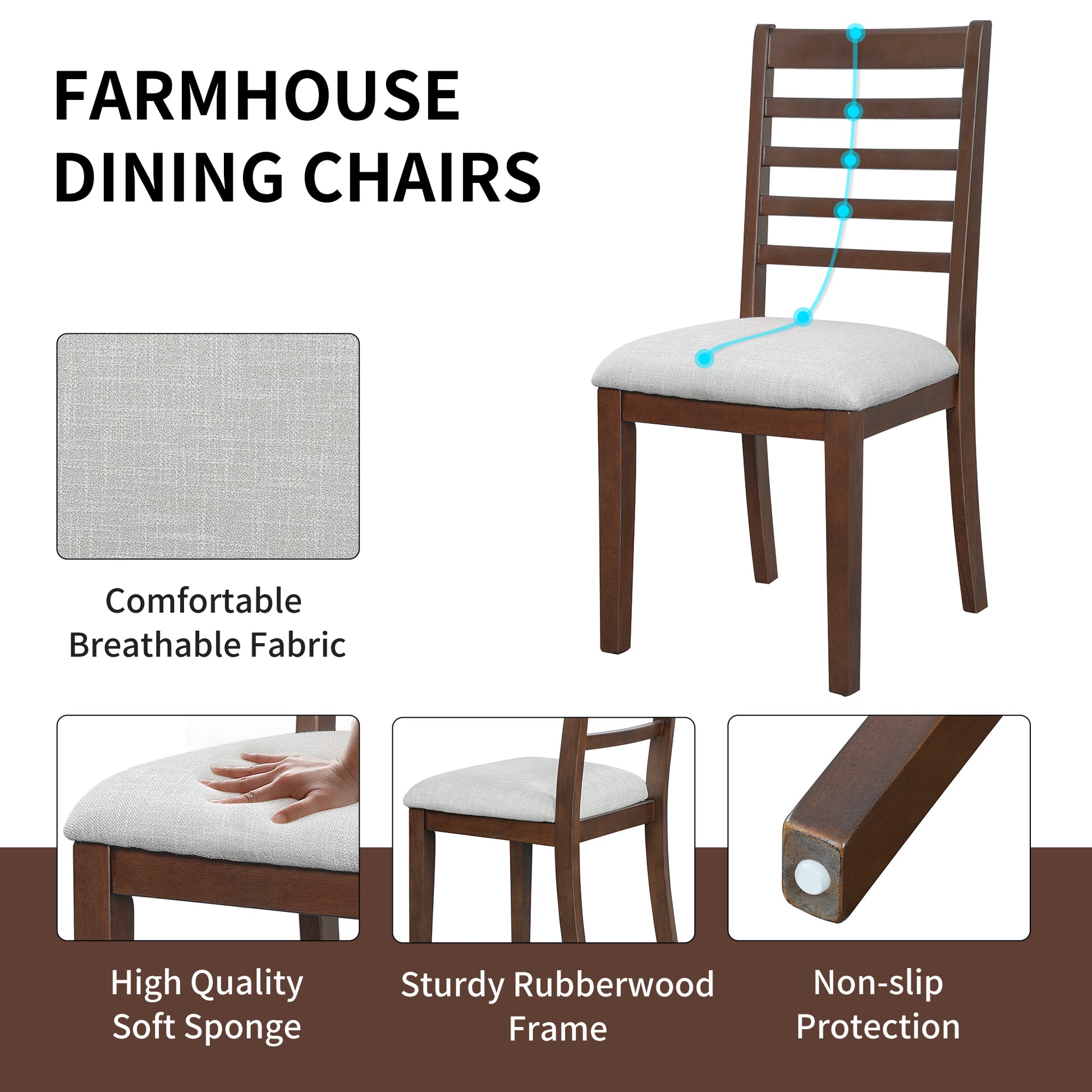 2-Piece Farmhouse Dining Chairs Set - Walnut, Upholstered Classic Chairs