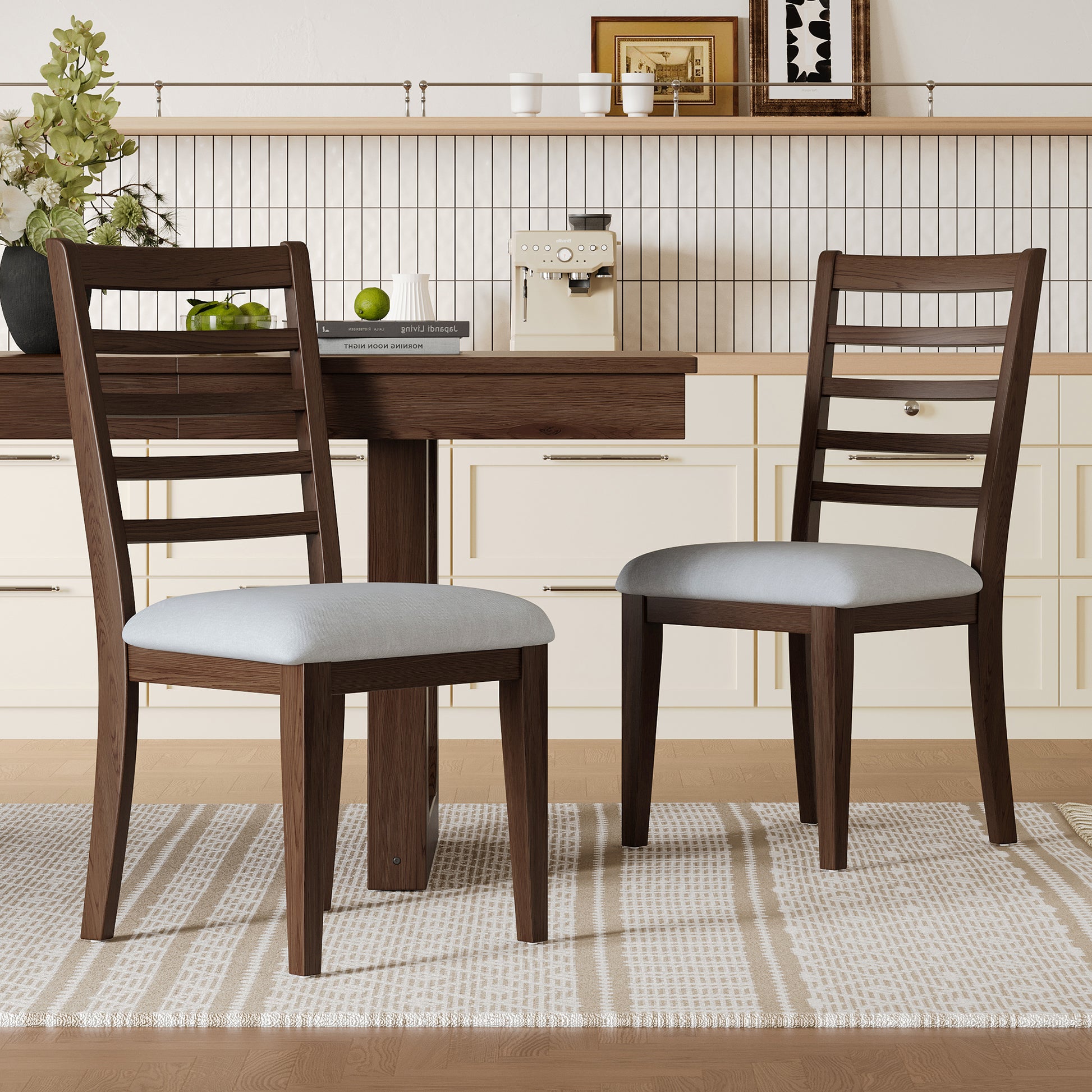 2-Piece Farmhouse Dining Chairs Set, Upholstered Dining Chairs with High Ladder Back, Classic Armless Chairs for Kitchen, Bedroom & Living Room, Walnut