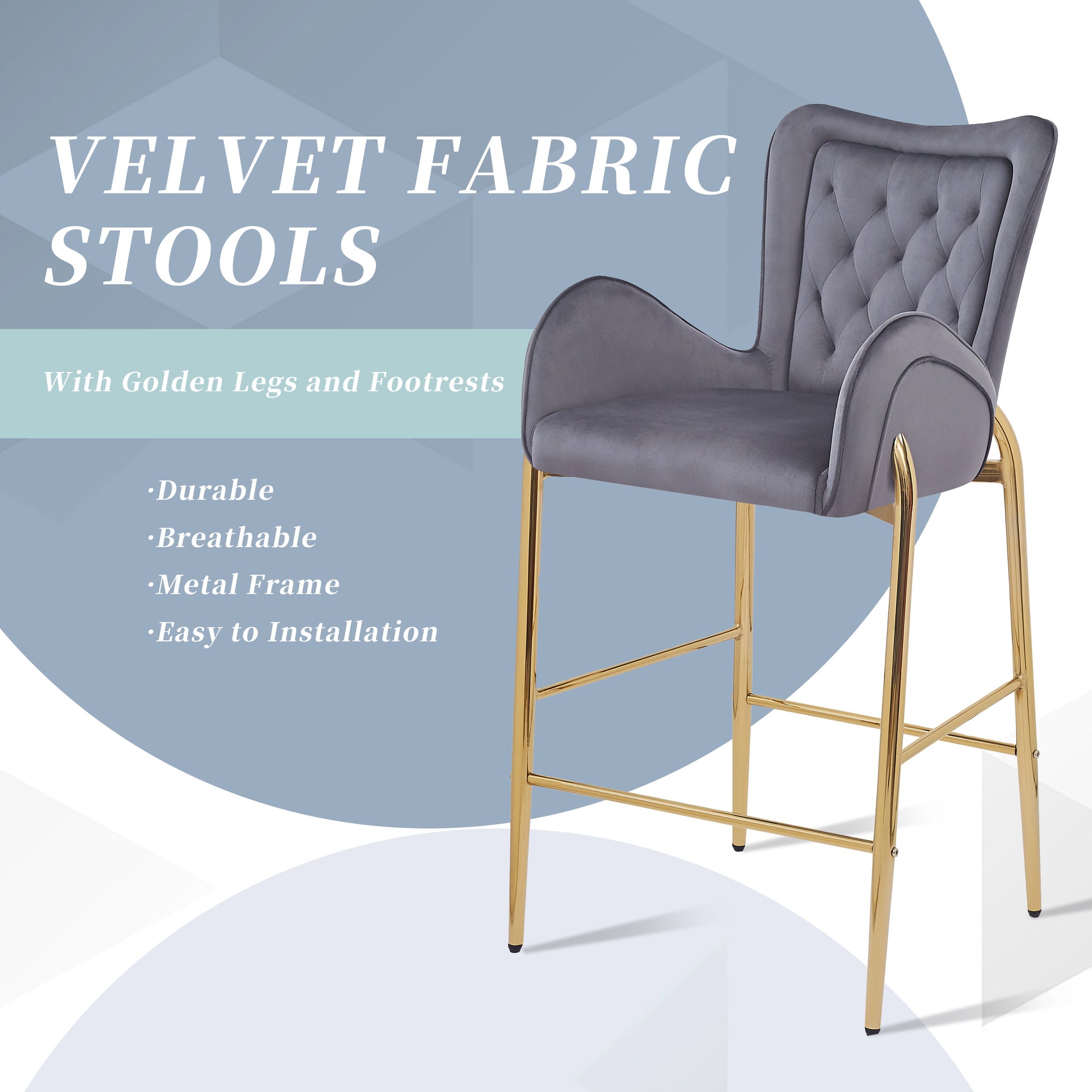 Gray Counter Height Bar Stools Set of 2 - Velvet Dining Chairs