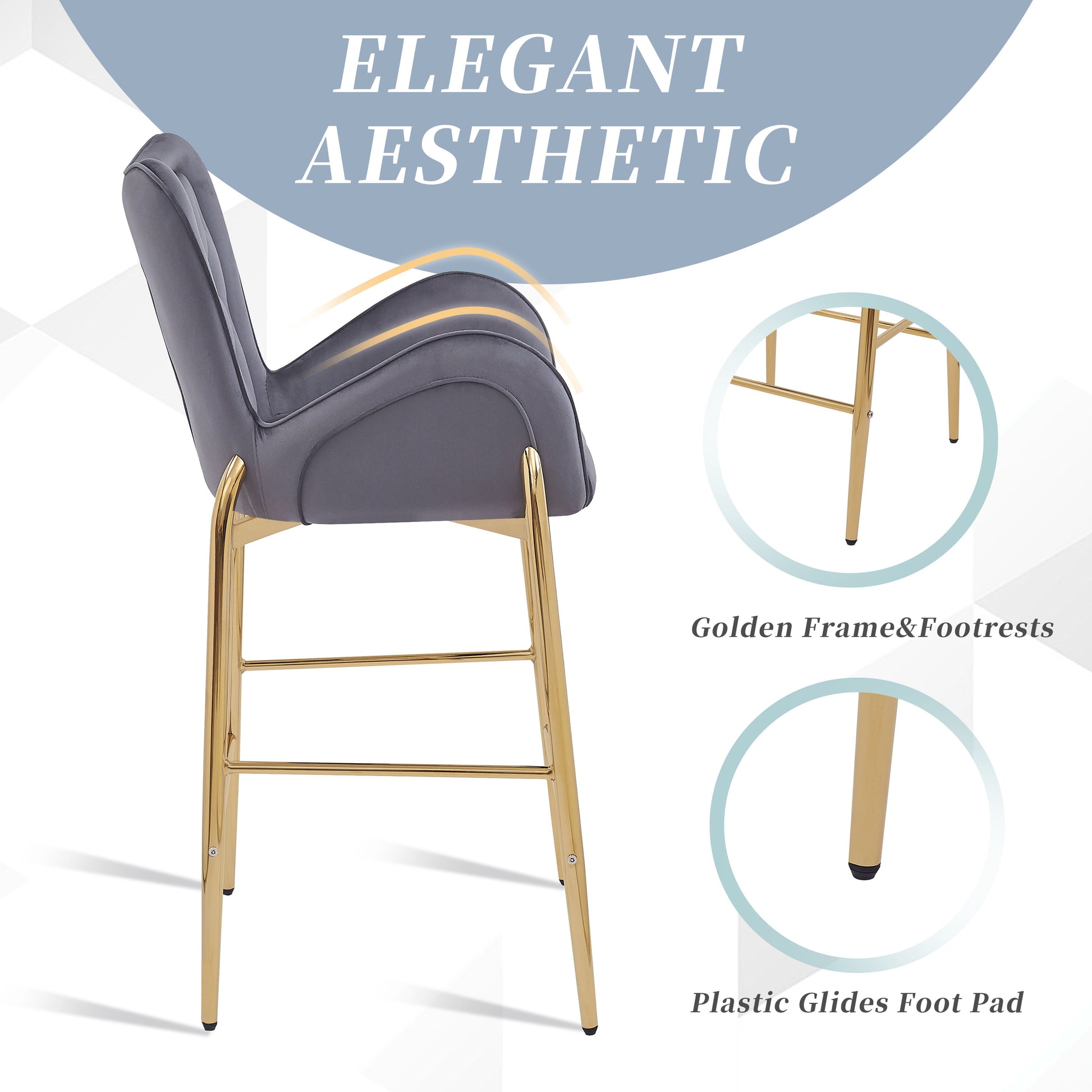 Gray Counter Height Bar Stools Set of 2 - Velvet Dining Chairs