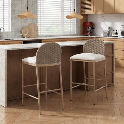 29.5" Farmhouse Barstools Set of 2,Upholstered  Armless Iron Counter Stools with rattan Backrest for Kitchen Dining Island Table,Brown+Beige