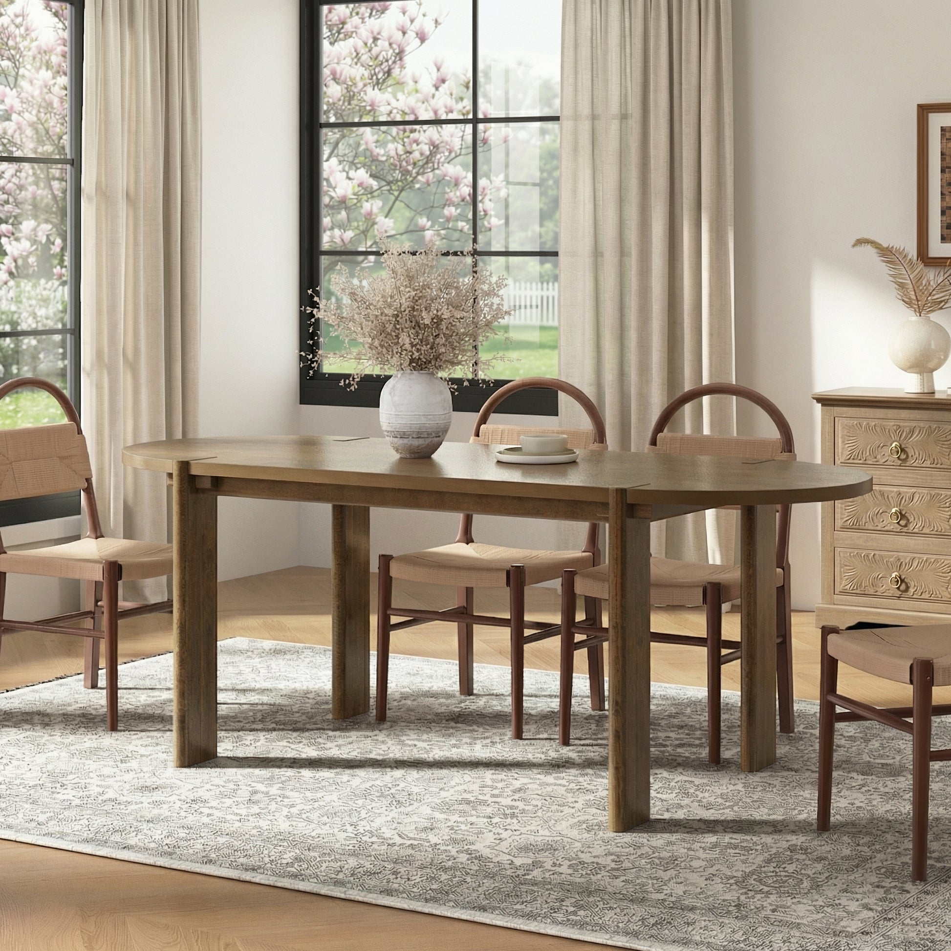 Modern Wooden Dining Table for 4 to 6 People, 71" Large Kitchen Dining Table with Wood Pedestal Base, Mid Century Oval Long Dinner Table for Home Dining Room Restaurant, Walnut