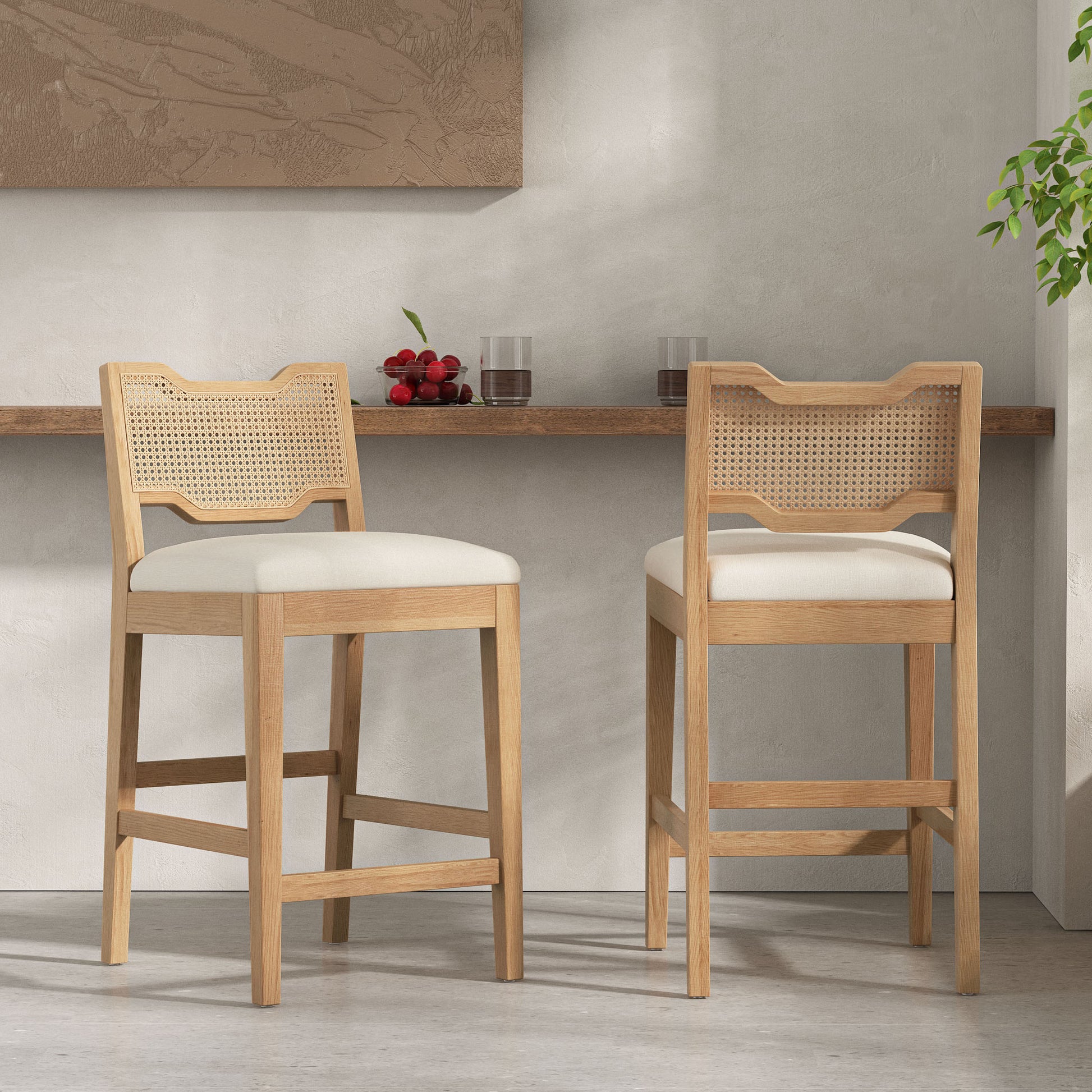 28" Farmhouse Barstools Set of 2,Upholstered Armless Iron Counter Stools with Natural Rattan Backrest for Kitchen Dining Island Table,Beige