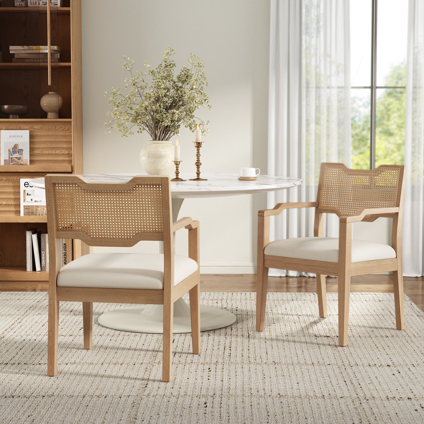 Farmhouse Dining Chairs Set of 2, Upholstered Kitchen Chairs Wooden Side Armchair with rattan Backrest for Dining Room ,Restaurant,Brown