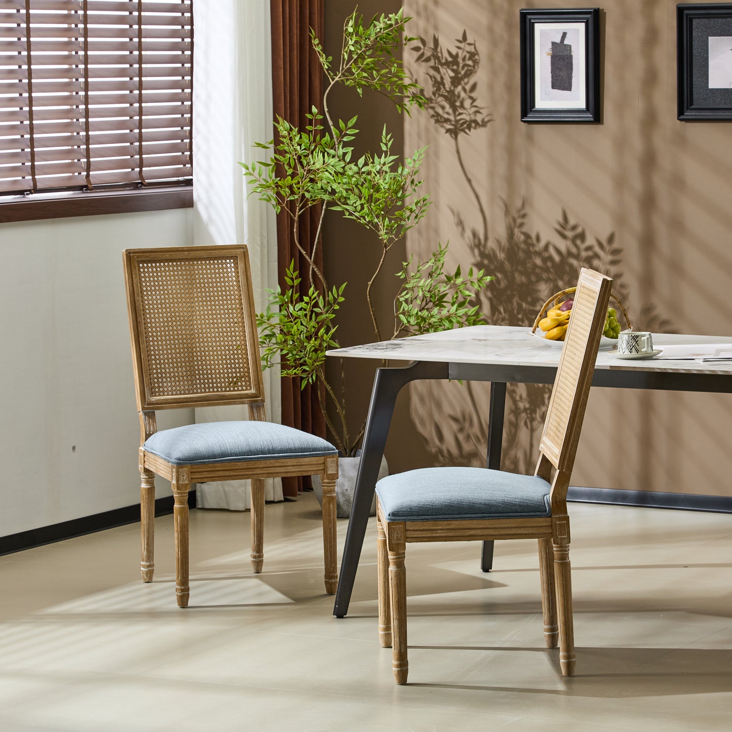 [Set of 2] French Country Dining Chairs - Elegant Cane Backrest & Upholstered Seats with Fluted Legs - Rustic Weathered Finish - Solid Rubberwood Frame - Vintage Inspired Kitchen & Dining Room Chairs