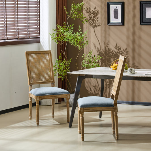 [Set of 2] French Country Dining Chairs - Elegant Cane Backrest & Upholstered Seats with Fluted Legs - Rustic Weathered Finish - Solid Rubberwood Frame - Vintage Inspired Kitchen & Dining Room Chairs