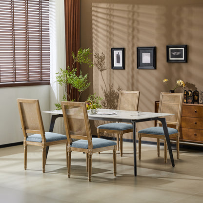 [Set of 4] French Country Dining Chairs - Elegant Cane Backrest & Upholstered Seats with Fluted Legs - Rustic Weathered Finish - Solid Rubberwood Frame - Vintage Inspired Kitchen & Dining Room Chairs