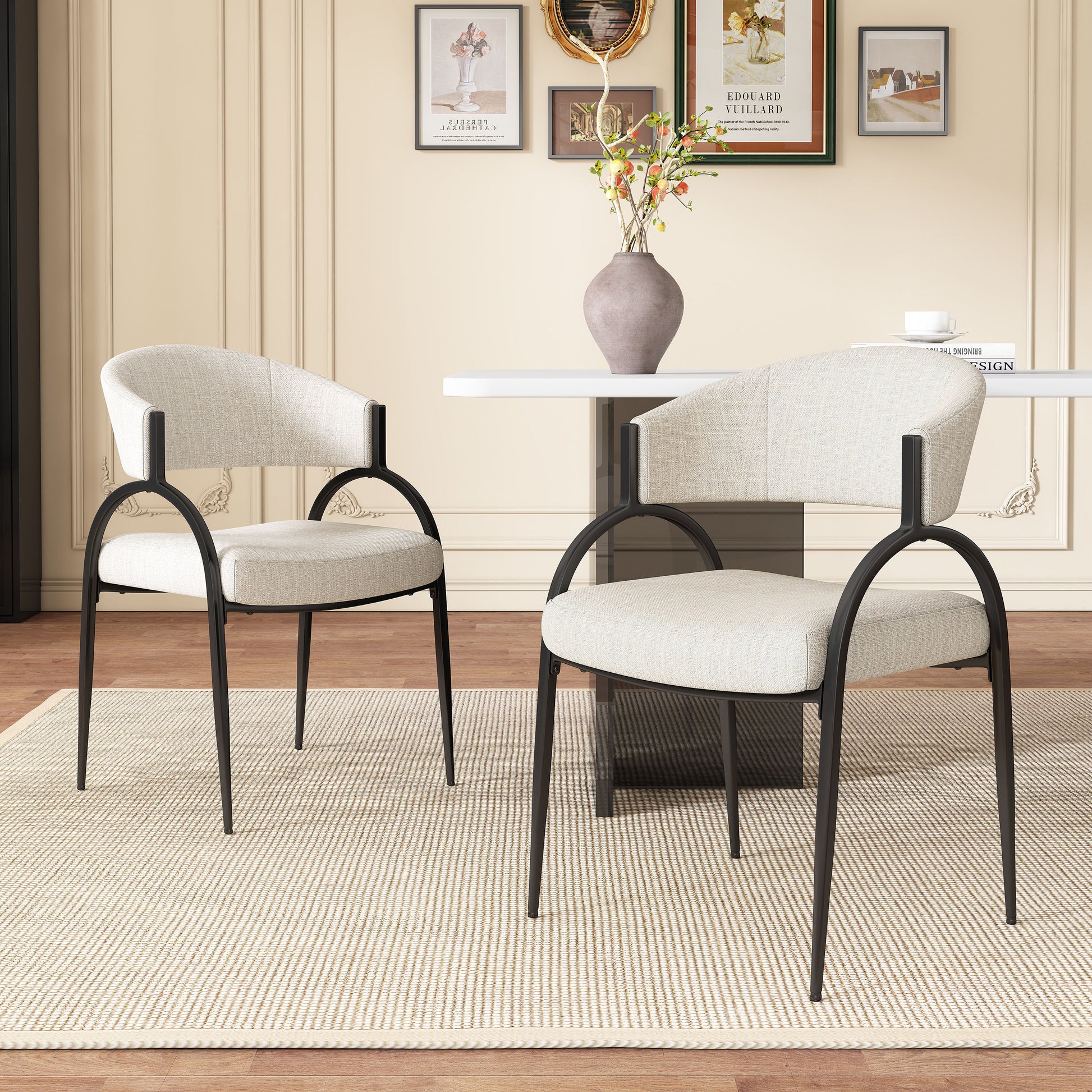Beige Fabric Dining Chairs with Metal Legs for Modern Kitchen Seating