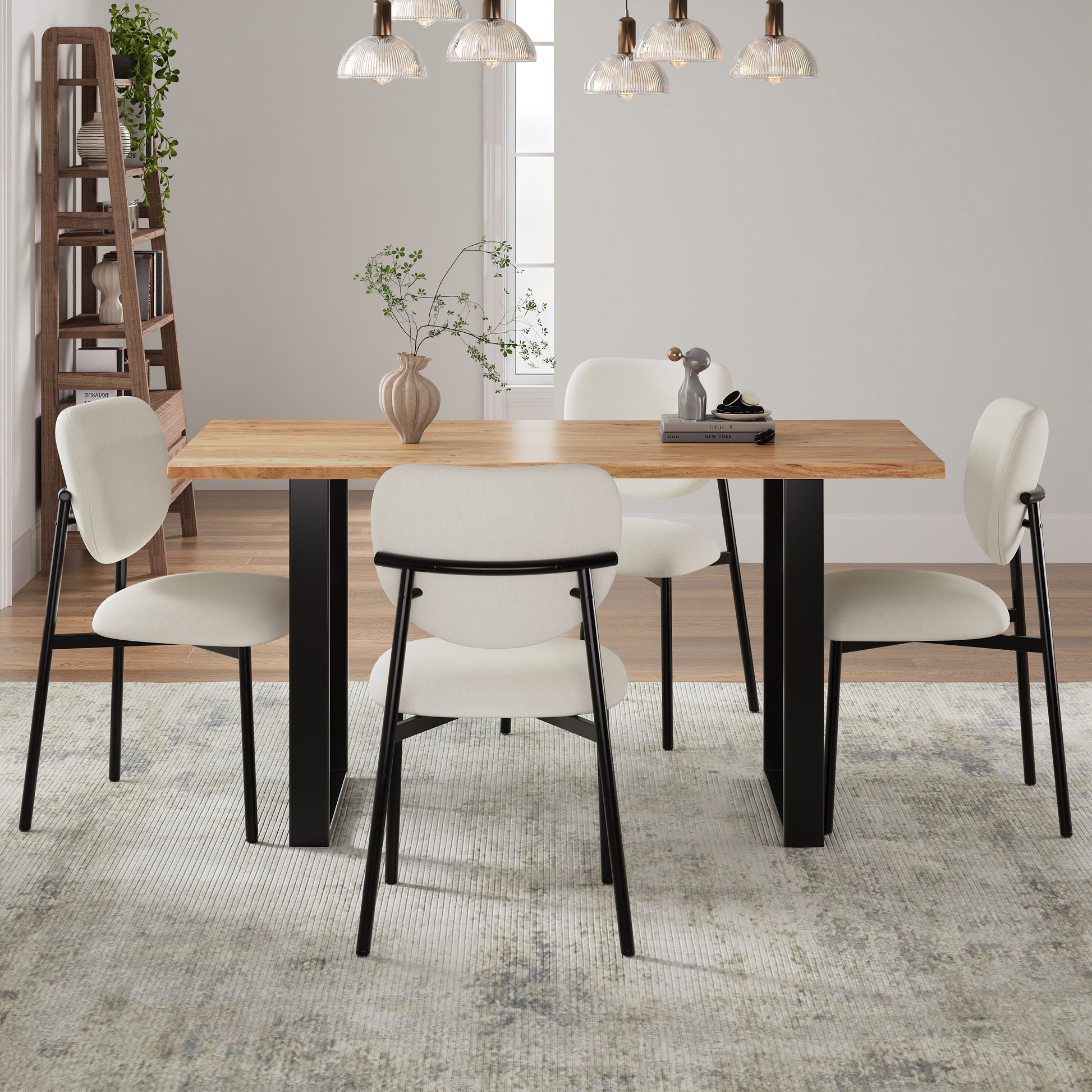 Upholstered Dining Chairs - Set of 2, Beige & Black Fabric
