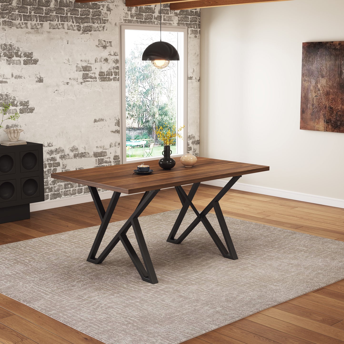 Walnut Black Industrial Dining Table - 59" Modern Table