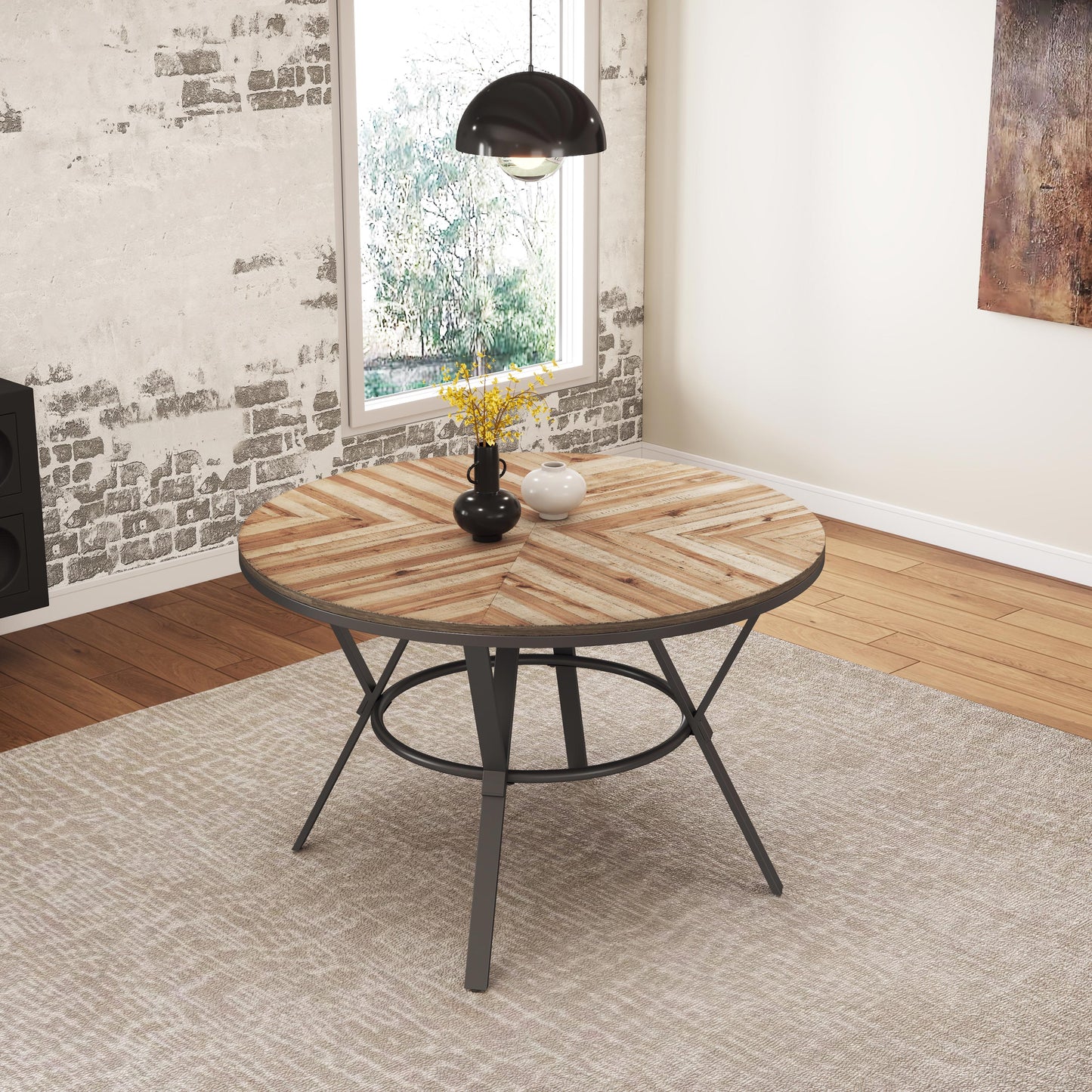 Round Dining Table with Black Metal Legs for Kitchen and Dining Rooms