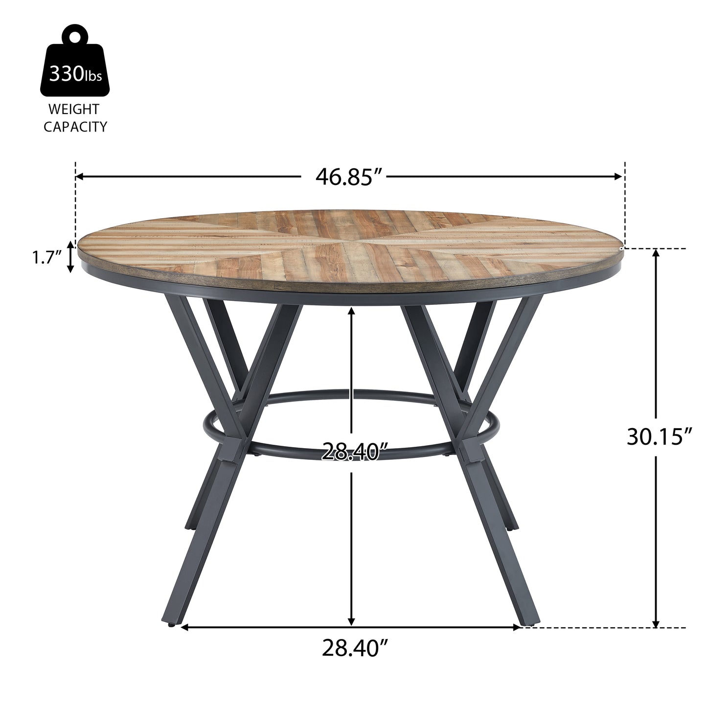 Round Dining Table with Black Metal Legs for Kitchen and Dining Rooms