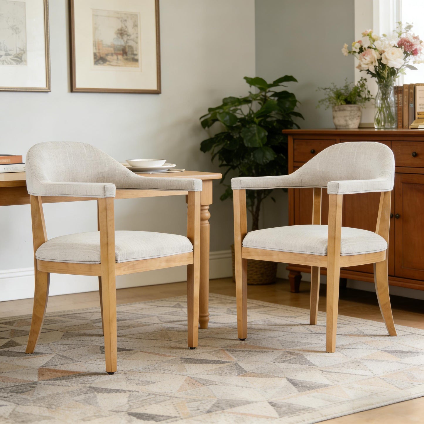 Wood Frame with upholstered Dining Chairs with Armrests (Set of 2),Natural+Beige