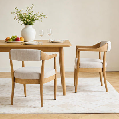 Wood Frame with upholstered Dining Chairs with Armrests (Set of 2),Natural+Beige
