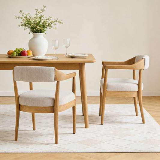 Wood Frame with upholstered Dining Chairs with Armrests (Set of 2),Natural+Beige
