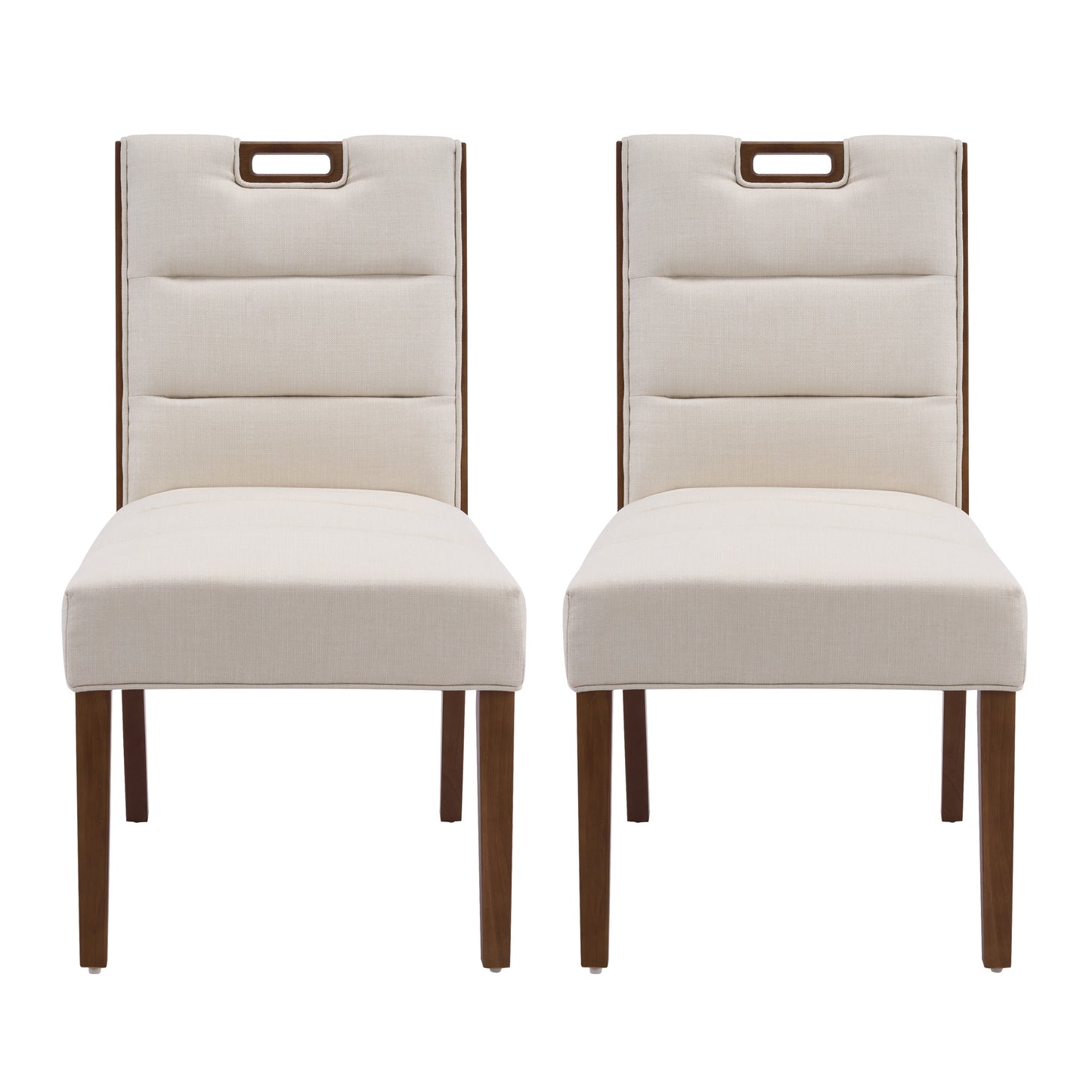 Upholstered Armless Dining Chairs, Beige Fabric & Walnut Rubber Wood Frame, Set of 2