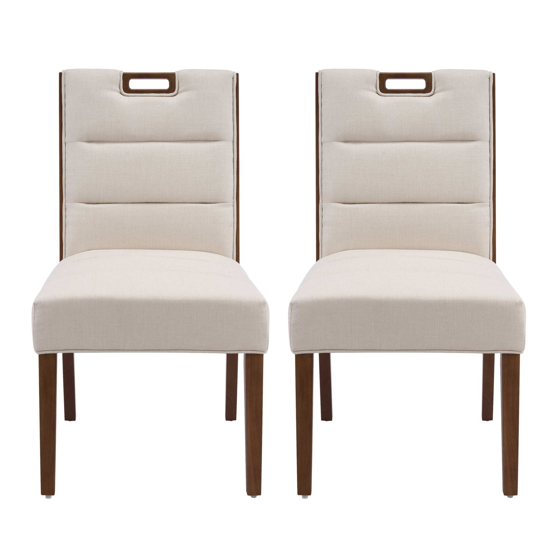 Upholstered Armless Dining Chairs, Beige Fabric & Walnut Rubber Wood Frame, Set of 2