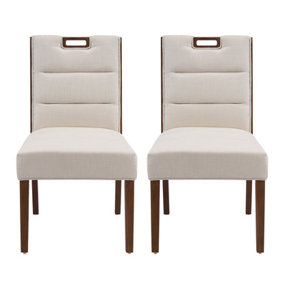 Upholstered Armless Dining Chairs, Beige Fabric & Walnut Rubber Wood Frame, Set of 2