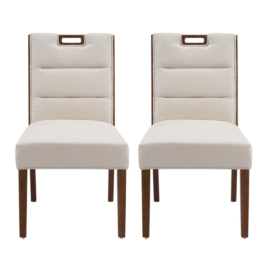 Upholstered Armless Dining Chairs, Beige Fabric & Walnut Rubber Wood Frame, Set of 2