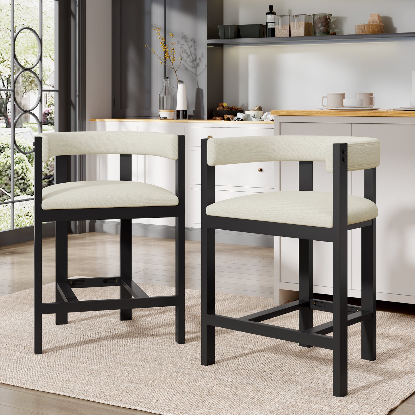 Beige Black Round Bar Stools Set of 2