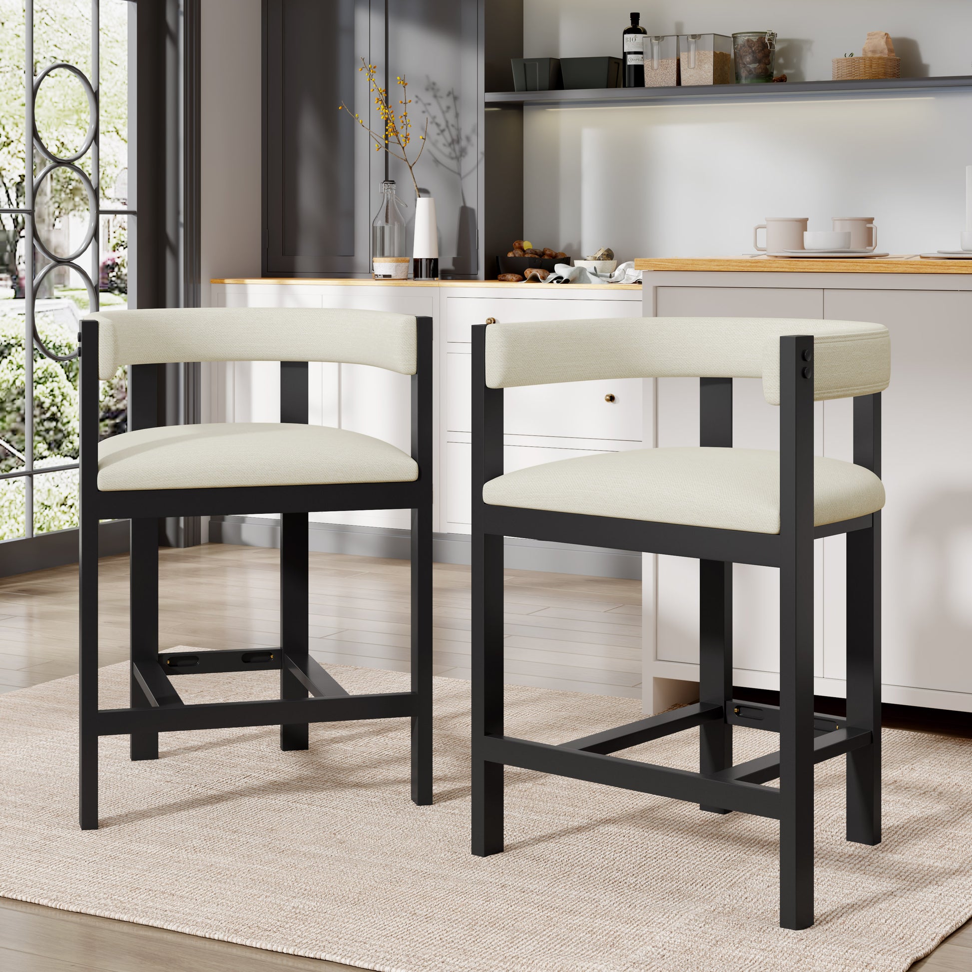Beige Black Round Bar Stools Set of 2