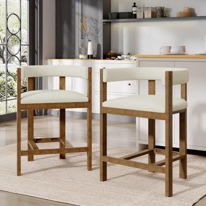 Beige Round Bar Stools Set of 2 - Rubberwood Dining Chairs for Dining Room