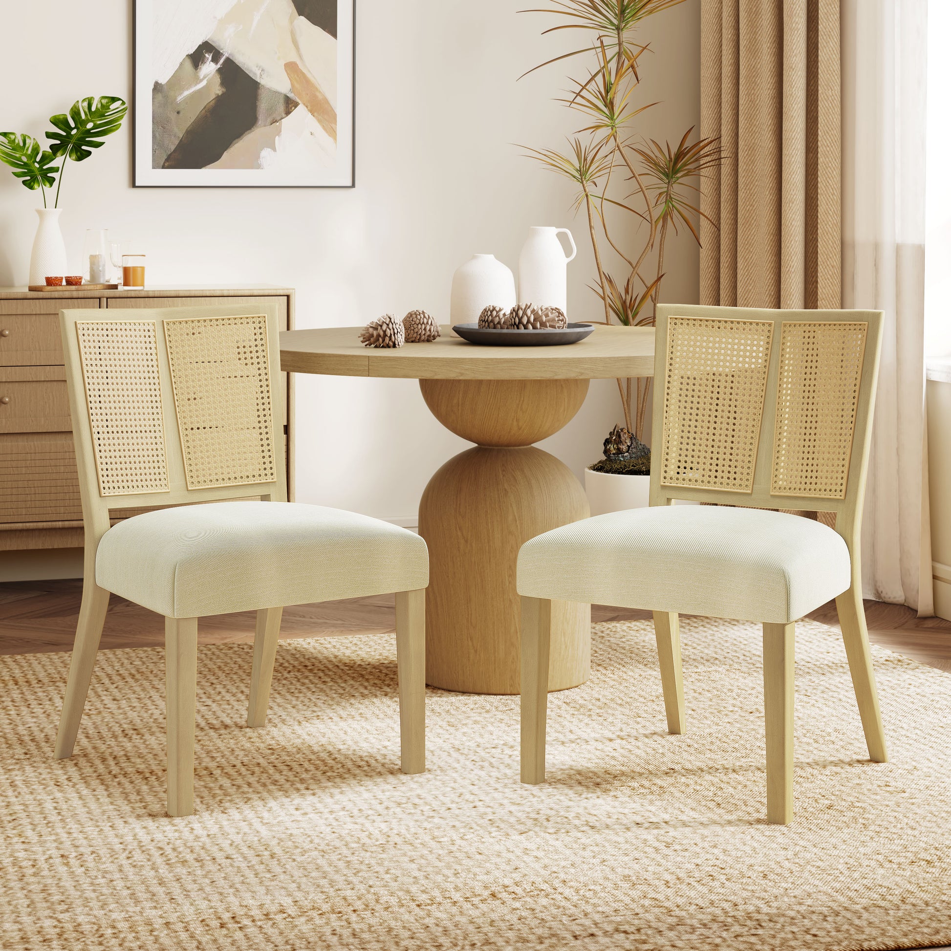 Rattan Dining Chair Without Arm(light ash+beige) Set of 2