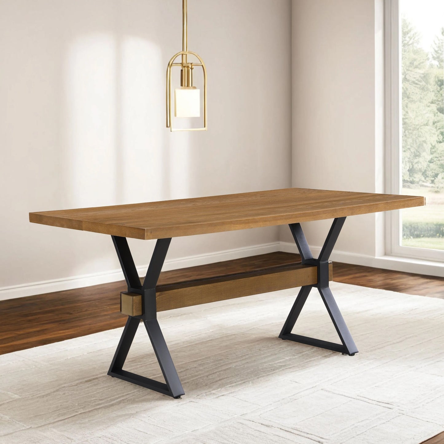 Brown X-Leg Dining Table with Iron Frame for Kitchen Decor