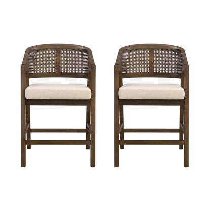 Wooden Frame Counter stool with rattan back-WALNUT-set of 2