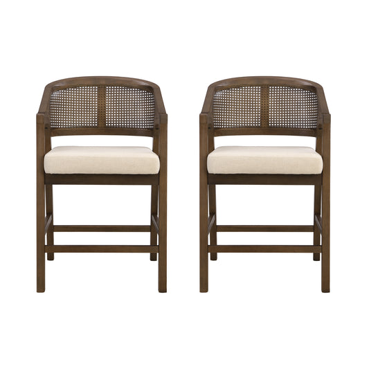 Wooden Frame Counter stool with rattan back-WALNUT-set of 2