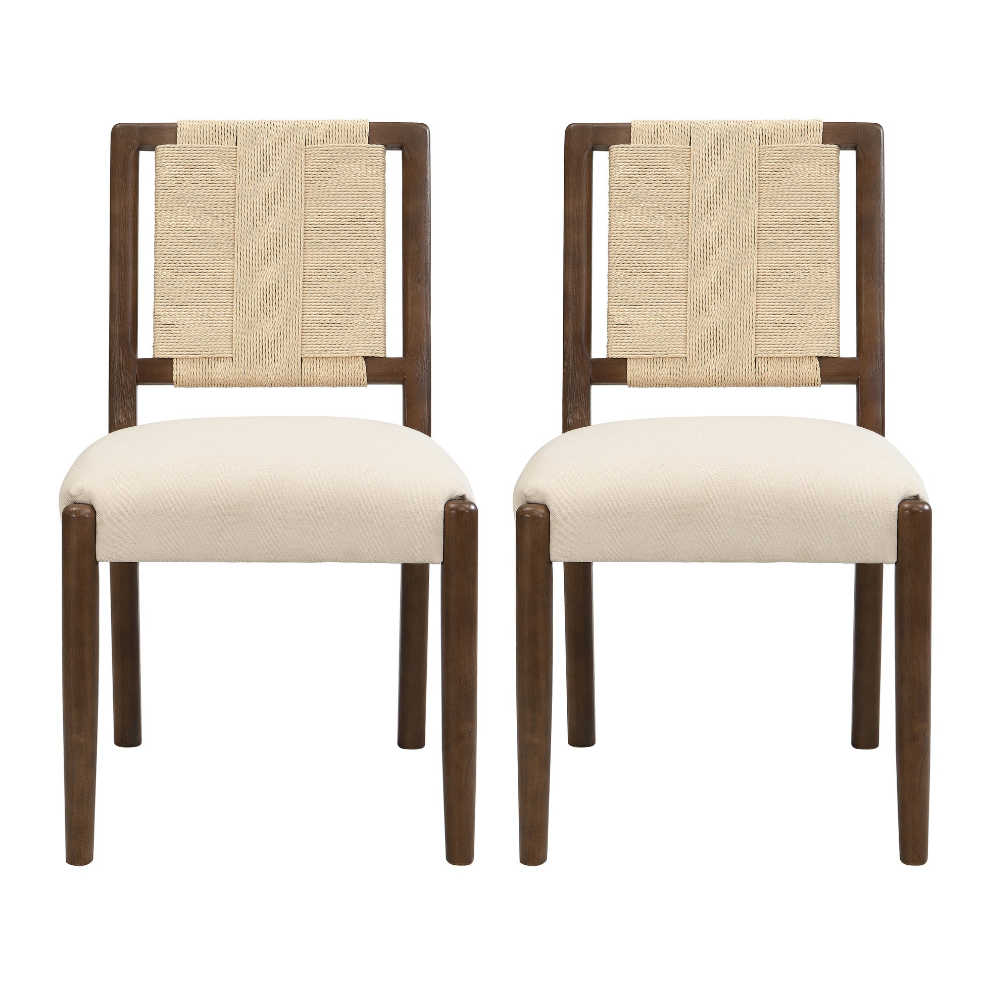 Upholstered dining chair with woven rope backrest Set of 2-walnut+Beige